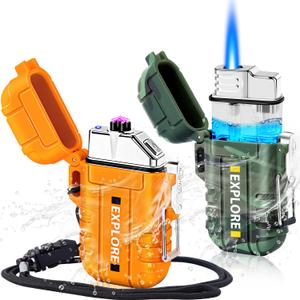 LcFun 2 Pack Waterproof Outdoor Lighter, Windproof Torch Lighters Butane Refillable, Electric Dual Arc Plasma Lighter USB Rechargeable, Tactical Survival Gear Gadgets for Men for Camping, Hiking (Orange + Camouflage)