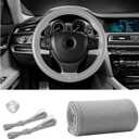 Ziciner Genuine Leather Steering Wheel Cover, 15 Inch Universal Breathable Anti-Slip Car Steering Wheel Protector, DIY Sewing with Needle Thread Fit for Men and Women (Gray, Hole)