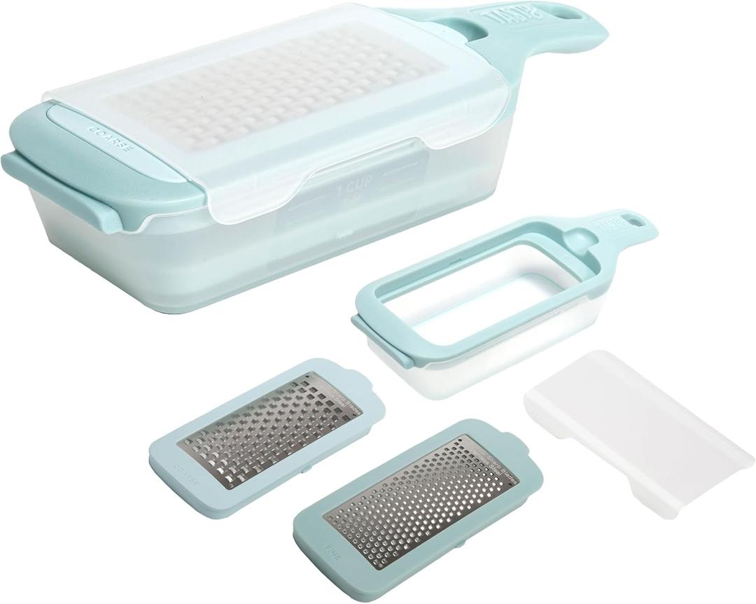Tasty Interchangeable Grater with Storage Box, Includes Coarse & Fine Stainless Steel Blades, Non-Slip Base for Stability, Dishwasher Safe, Aqua