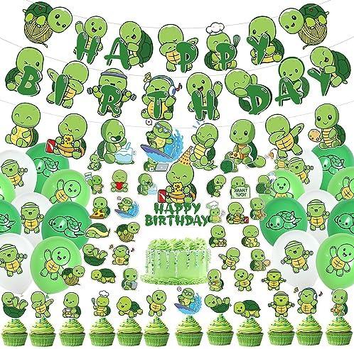 Turtle Birthday Party Decorations - Cute Turtle Party Supplies include Happy Birthday Banner, Turtle Banner, Cake Toppers, Latex Balloons, Sticker for Baby shower Boy Kid Birthday Decorations