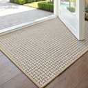 DEXI Ultra Thin Door Mat Indoor Entrance 17x30, Non Slip Rubber Backed Entryway Mats Dirt Trapper, Low Profile Front Doormat for Inside Entry, Patio, Porch, Beige and White