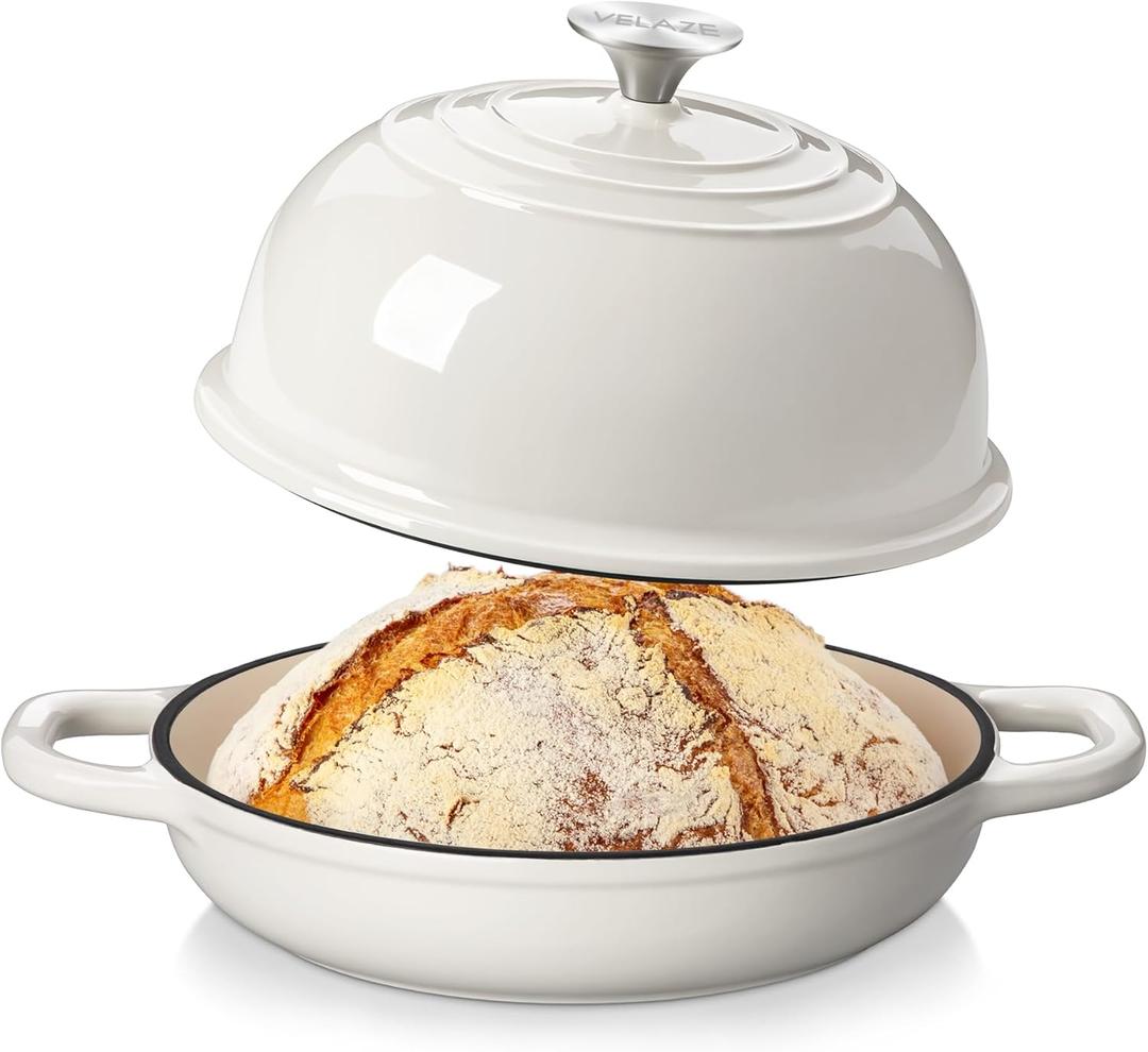 Velaze Enameled Cast Iron Dutch Oven for Bread Baking,5 QT Round Bread Oven Pot with Dome Lid for Sourdough, Roasting, Braising(White)