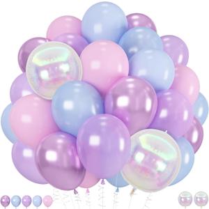 Pink Purple Blue Balloons, 62 Pcs 12 Inch Metallic Pastel Balloons, Pearl Pink Blue Purple Iridescent 4D Foil Balloon for Girls Women Mermaid Music Idol Princess Birthday Baby Shower Party Decorations