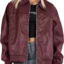 Tankaneo Womens Faux Leather Jackets Oversized Bomber Casual Fall Fashion Zip Up Moto Biker Coats (Small, Burgundy)