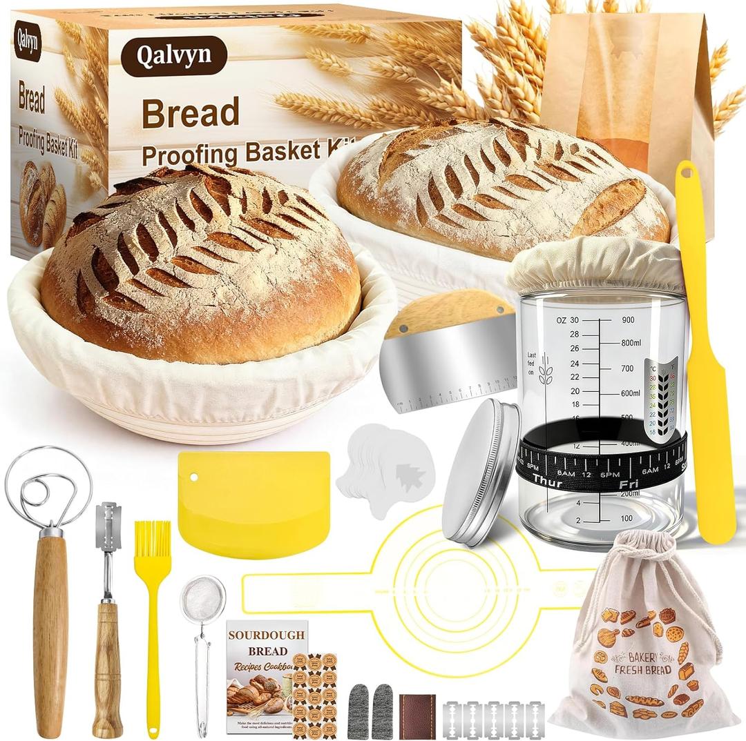 Sourdough Starter Kit, Beginner Sourdough Bread Baking Supplies, All-in-One with 9 & 10-inch Proofing Baskets, 34oz Sourdough Starter Jar, bread making tools & Gift Set for Women Wife Mom