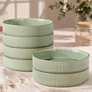 GBhome Pasta Bowls Set of 6, 7.5 Inch Stoneware Ceramic Bowls, Handcrafted Ribbed Double Reactive Glaze Dinner Bowls for Pasta, Salad and Soup, Stackable, Microwave & Dishwasher Safe, Light Green