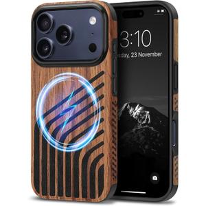 TENDLIN Magnetic Case Compatible with iPhone 17 Pro Case Wood Grain with Carbon Fiber Texture Design Leather Hybrid Slim Cover (Compatible with MagSafe) Hairline