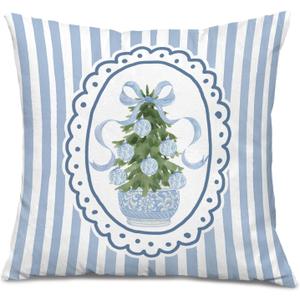 Blue and White Chinoiserie Christmas Tree Pillow Covers 18x18, Preppy Girly Christmas Decor, Coquette Bow Xmas Tree Decorative Throw Pillow Covers for Girls Bedroom Living Room Home (Color 15)