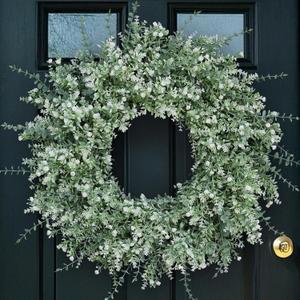 26'' Large Eucalyptus Wreath for Front Door, Porch- Artificial Eucalyptus and Lavender with Babys Breath Flowers Wreath for Home, Farmhouse Wall Decor- Spring, Summer, Fall, All Seasons (White-Green)