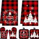 Jingmore 6 Pcs Christmas Kitchen Decor Set Kitchen Towels Oven Mitts and Pot Holders Xmas Tree Dish Towels Oven Mitts and Pot Holders for Baking Home(Tree Buffalo Check)