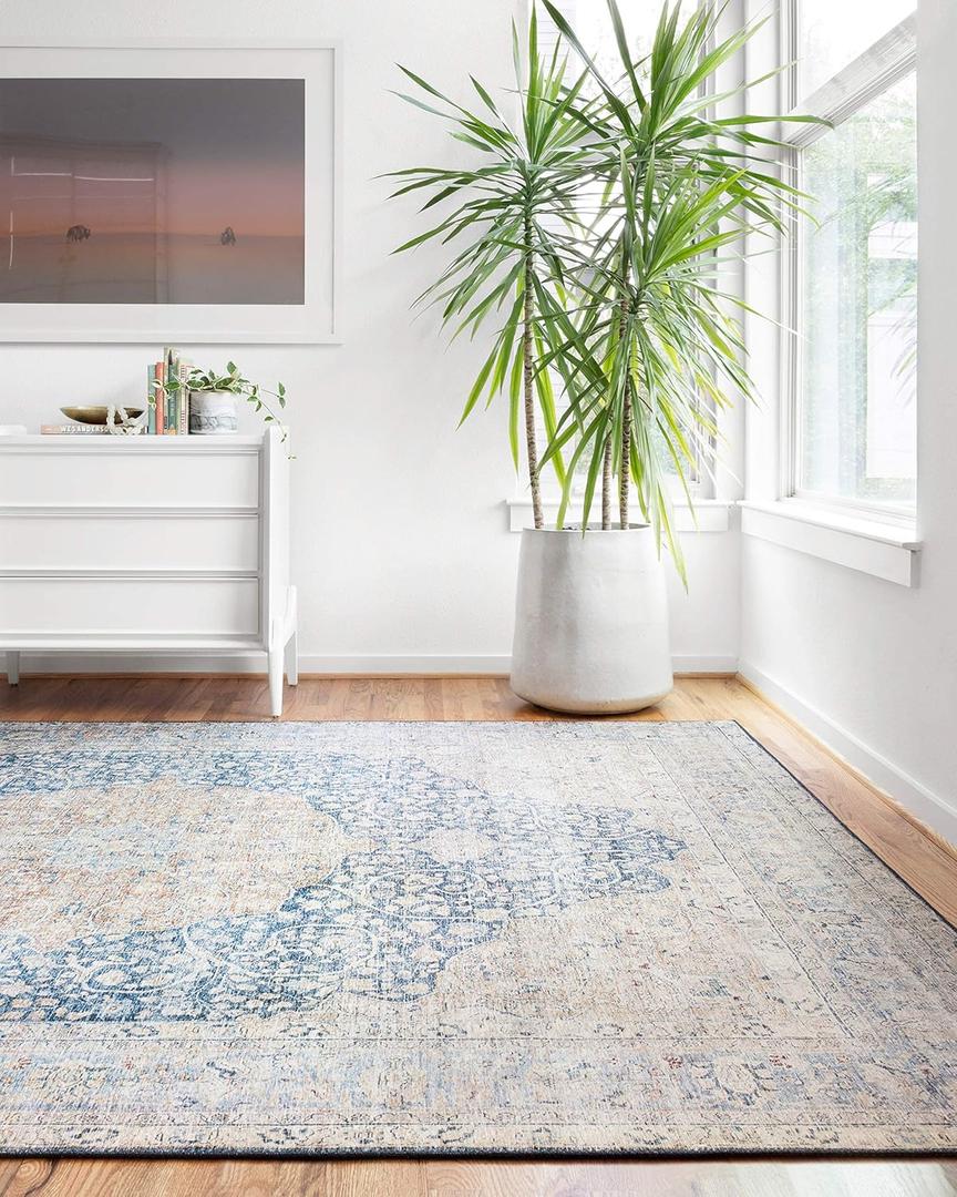 Loloi Layla Collection LAY-07 Blue/Tangerine 7'-6" x 9'-6" .13" Thick Area Rug, Soft, Durable, Vintage Inspired, Distressed, Low Pile, Non-Shedding, Easy Clean, Printed, Living Room Rug