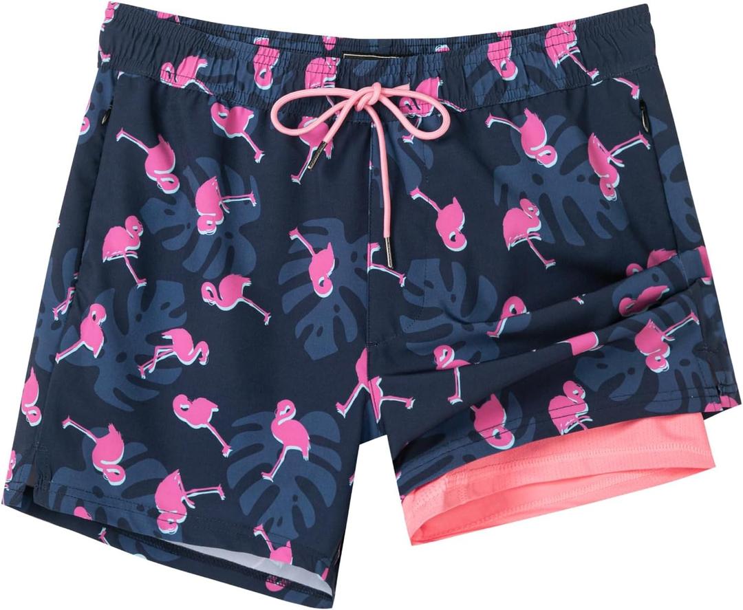 SURF CUZ Mens Swim Trunks with Compression Liner Quick Dry Swim Shorts Swimming Trunks 2 in 1 Bathing Suit Zipper Pockets (XX-Large, Dark Tropical Flamingo)