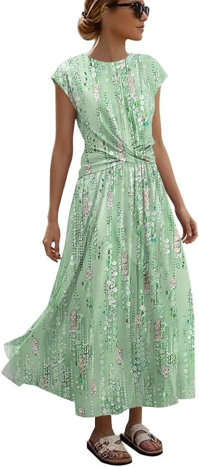 ETCYY Women's Summer Dresses Maxi Dress 2026 Sundresses Vacation Beach Dress Striped Twisted Front Long Dresses with Pockets,Dewdrop Green,X-Large