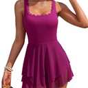 Charmo Women One Piece Swimdress Tummy Control Swimsuit Full Coverage Bathing Suit Modest Mesh Sheer Swim Skirt (X-Large, Wine Red)