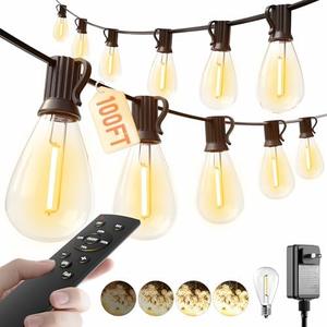 luckystyle 100FT LED Outdoor String Lights with Remote, 35+ 1 Shatterproof Bulbs Waterproof and Dimmable Patio Lights for Porch, Garden, Backyard, Deck, Balcony, 2700K Hanging Lighting