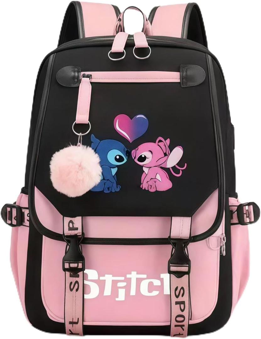 Stitch School Backpack Cute Daypack Rainbow Bookbag Pink Schoolbag Kid Backpack For Gifts (Stitch-2), Medium