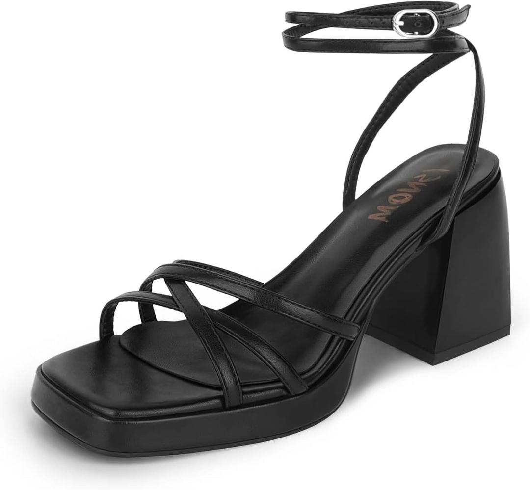 ISNOM Platform Block Heels Women Comfortable Strappy Heels Short Block Chunky Sandals Ankle Strap Simple Summer Heeled Sandals Square Toe (7.5, Matteblack)