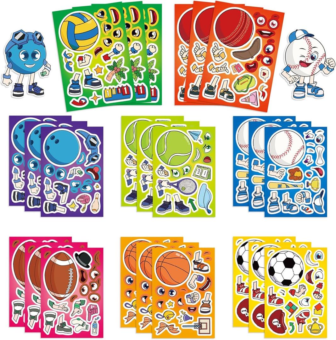 24 Sheets Make-a-face Sport Ball Stickers, Make Your Own Mix and Match Basketball, Baseball, Football, Volleyball, Soccer, Rugby Sticker Sheets DIY Stickers for Teens Party Favors Activities (Ball)