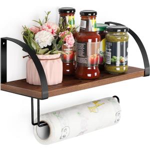 Paper Towel Holder Wall Mount Farmhouse Wood Paper Towel Holder with Shelf Hanging Paper Towel Roll Rack Under Cabinet Spice Rack for Kitchen Bathroom Organizer Rustic Brown