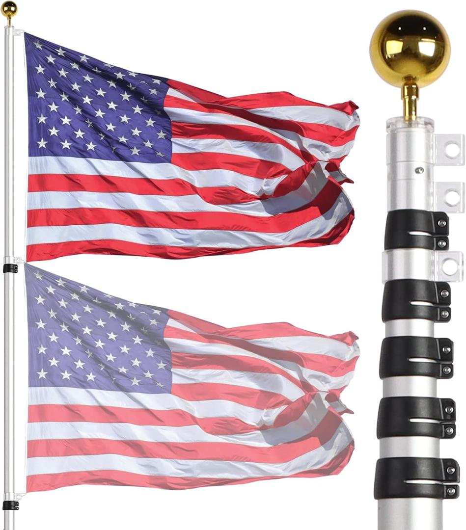 NELXINJO 16ft Telescopic Flag Pole - Extra Thick Outdoor Telescoping Flag Poles with 3x5 American Flag for Residential or Commercial,Black (Silver-16fFT)