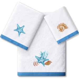 Peryiter 3 Pack Coastal Seashell Bath Towels Set -Cotton Starfish and Seashell Embroidery 1 Bath Towel 1 Hand Towel 1 Washcloth for Bathroom Kitchen Decorations Housewarming Gifts (White)
