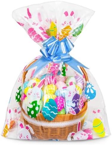 RICEDUO 10 Pcs 24x30 Inch Clear Easter Basket Bags, Large Cellophane Wrap Bags with 10 Pcs Pull Bows for Easter Decorations, Kids Party Gift Bags
