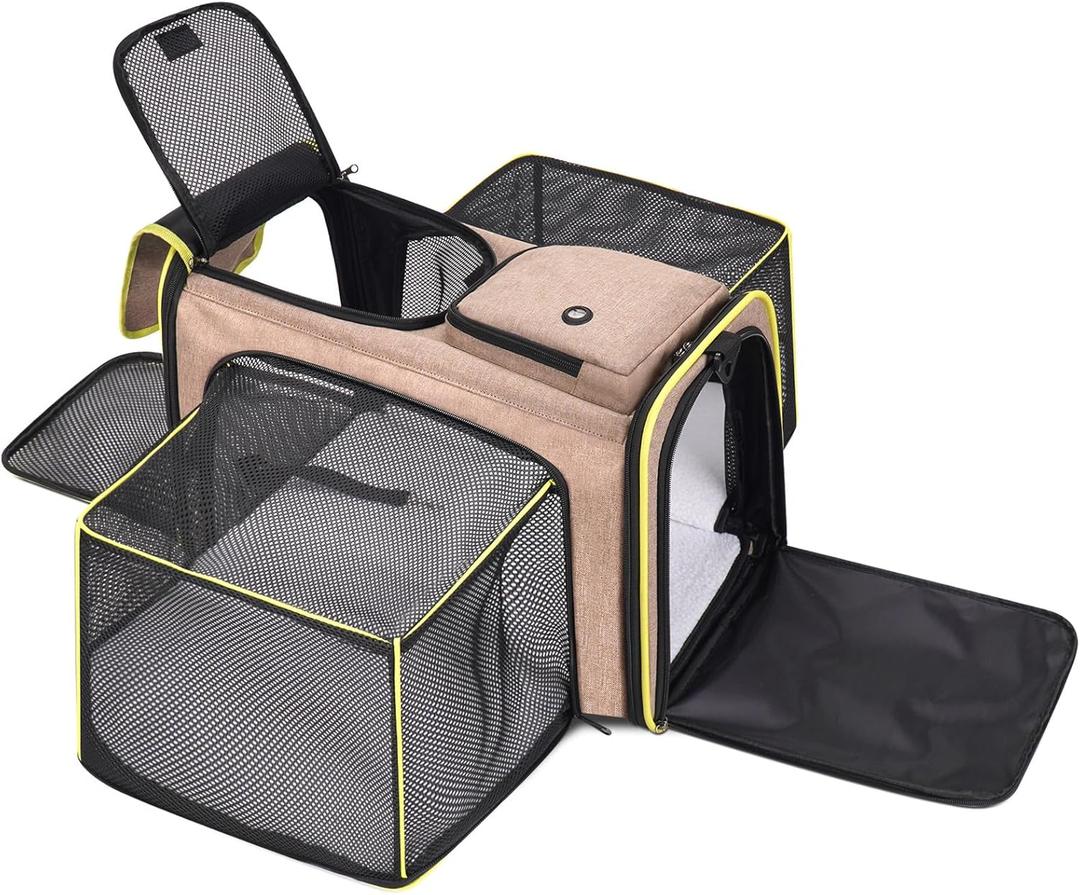 Expandable Cat & Dog Carrier, Large Expandable Collapsible Travel Bag with Safety Zippers, 3 Open Doors, Removable Fleece Pad for Puppies & Small Animals, Airline Approved (Brown)