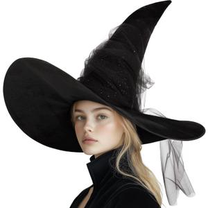 MCJC Witch Hat, Black Sparkle Tulle, Wide Brim,Halloween Costume Party Accessory