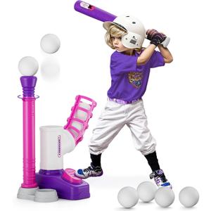 HYES Tball Set for Toddlers 3-5, Tee Ball Set with Step on Pitching Machine/Adjustable Batting Tee/Retractable Baseball Bat/8 Pop Up Balls, Outdoor Sport Toy Games for Kids Girls