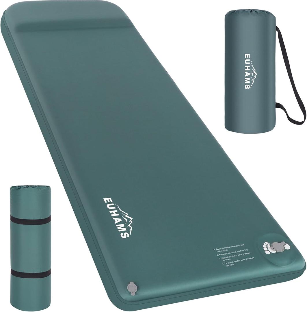 Camping Sleeping Pad - Ultra-Thick Camping Mattress Pad with Built-in Foot Pump Memory Foam Camp Pad - Easy Inflate&Deflate - 4-Season Portable Camp Sleeping Mat with Pillow for Travel/Car/Tent/Home (Army Green)