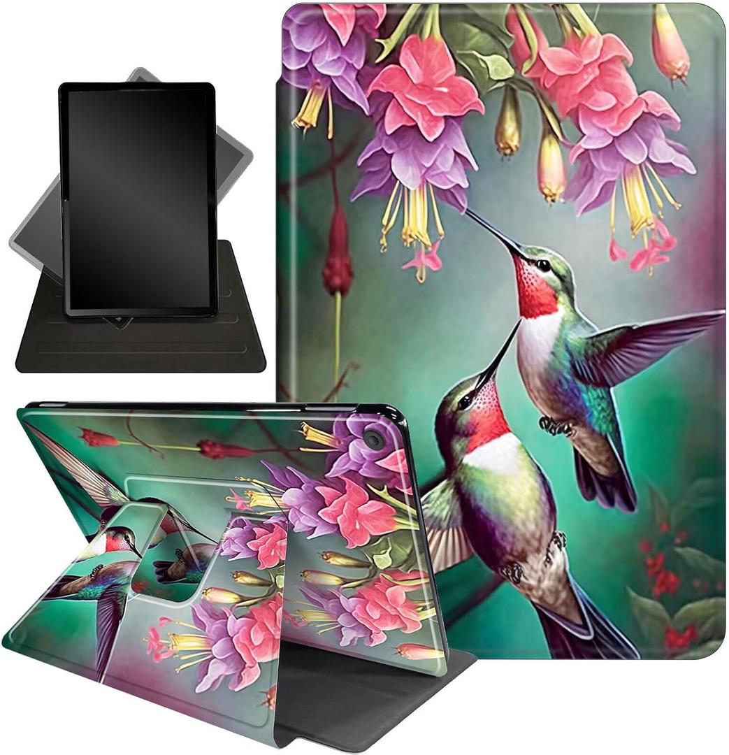 for Amazon Fire HD 10 Tablet (2017 and 2019 Releases,with 7th and 9th Generations) Case,360 Degree Rotating Stand Smart Protective Cover Case,for New Fire HD 10 10.1 inch,Hummingbird Red Flowers