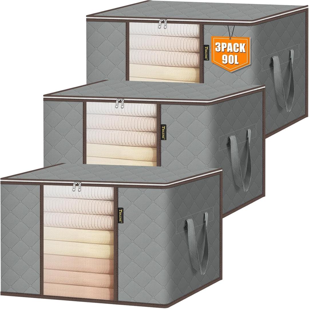 BALEINE 3 Pack Clothes Storage Bags, 24 Gallon Storage Containers with Reinforced Handle, Sturdy Zipper, Closet Organizer for Blanket, Comforter, Pillow, Bedding (Grey, 3 Pack)