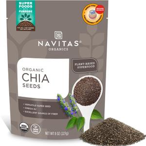 Navitas Organics Chia Seeds For Chia Pudding, Smoothies, Baking, Salads & More Omega 3, Fiber, Minerals - USDA Organic, Non GMO, Kosher, Gluten Free, Keto (8oz. Bag, 8 Servings) (8 Ounce (Pack of 1)) (Best by: End Nov 2026)