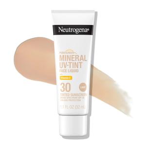 Neutrogena Purescreen+ Mineral UV Tint Face Liquid Tinted Sunscreen - with 100% Mineral Actives & Vitamin E, Enhances Natural Tone, Water Resistant, Broad Spectrum SPF 30, 1.1 fl oz