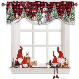 Christmas Tie Up Window Valances for Kitchen, Snowman Rod Pocket Curtain Valance Let it Snow Black Red Buffalo Plaid Window Topper Decor Xmas Tree Valance Curtains for Living Room, Bedroom, 54" x 18"