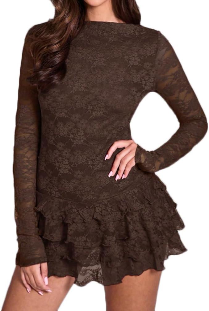 Women Boat Neck Floral Lace Ruffle Hem Layered Mini Dress Slim Fit Long Sleeve Party Cocktail A-Line Short Dress, Large
