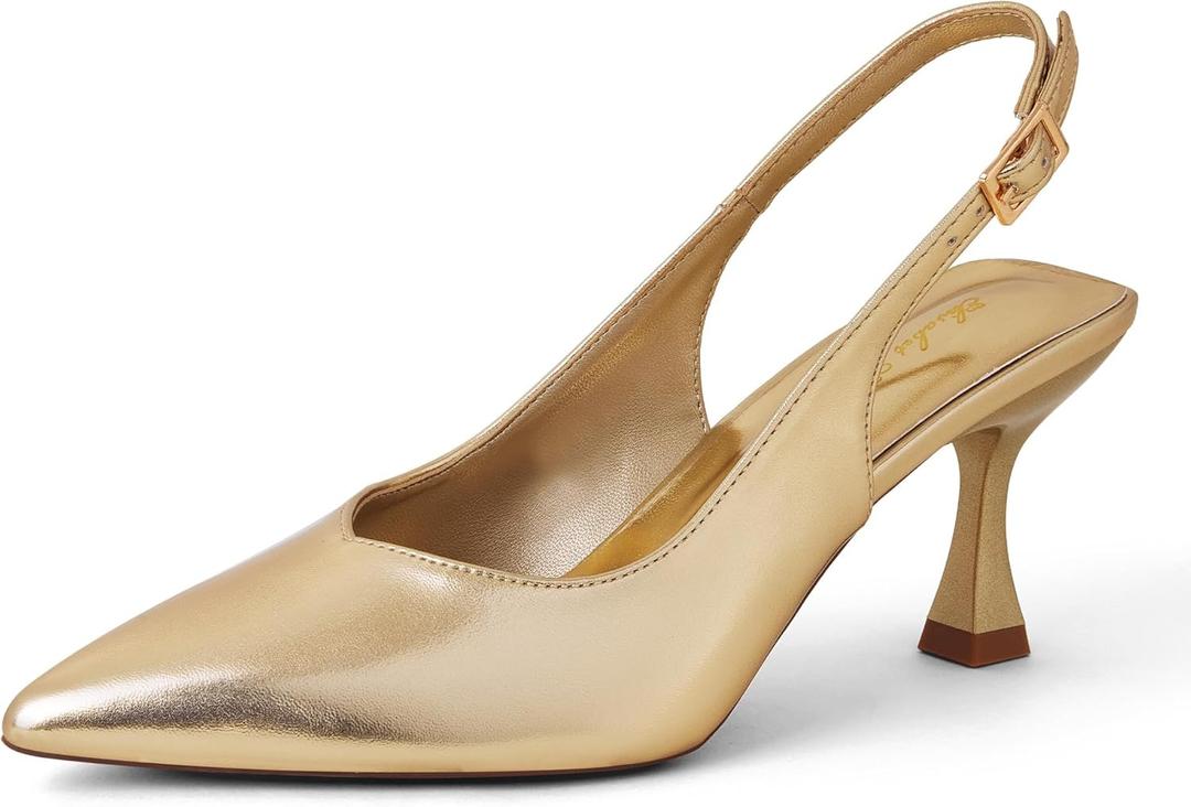 Elisabet Tang Women's Kitten Heel Slingback Low Pumps 3 Inches Stiletto Pointed Closed Toe Elegant Dressy Bridal Wedding Party Shoes (8, Gold)