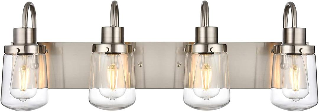 Modern Bathroom Vanity Light 4-Lights Lamp in Satin Nickel,Farmhouse Wall Light Fixture with Clear Glass Shades,Indoor Wall Lamp