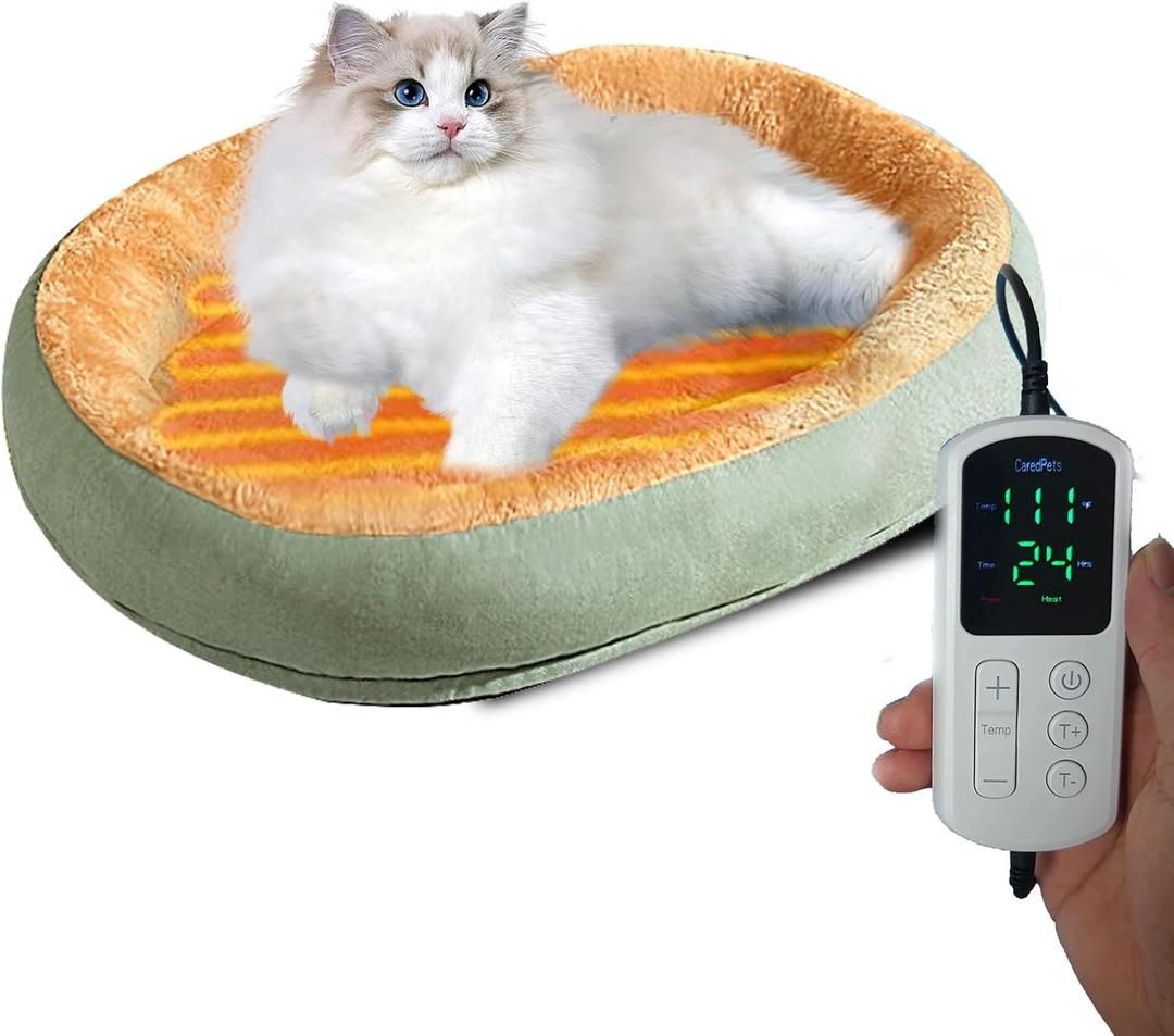 Heated Cat Bed Indoor w/ 12V Electric Heating Pad, Thermal Warming Heated Pet Bed with Adjustable Temperature & Timer (Green)
