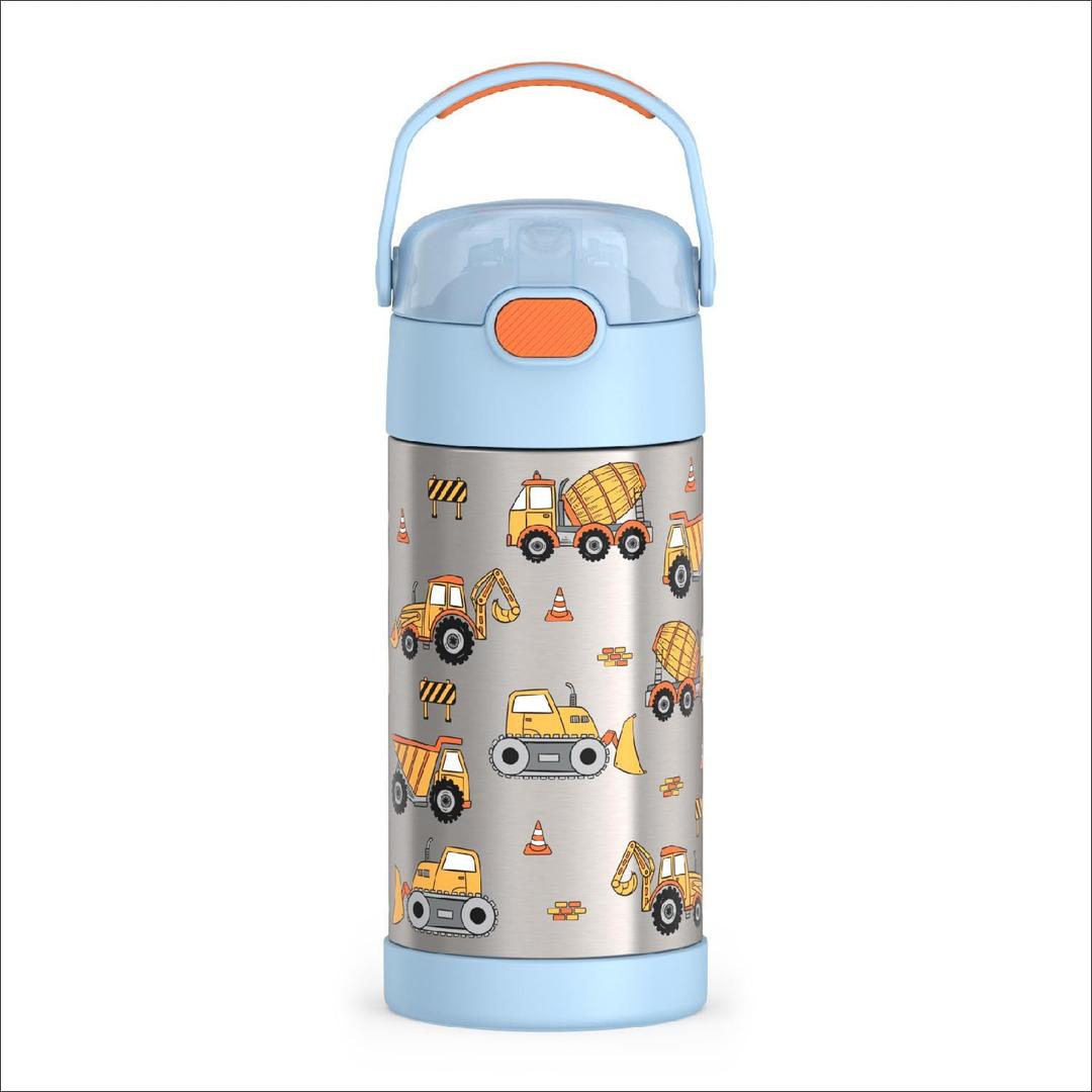 THERMOS FUNTAINER Water Bottle with Straw - 12 Ounce - Kids Stainless Steel Vacuum Insulated Water Bottle with Lid, Construction