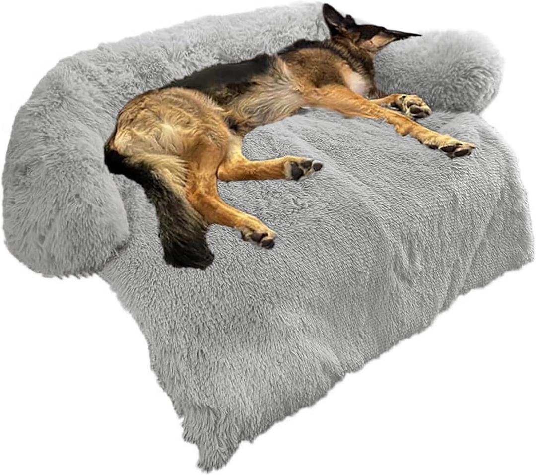 Calming Dog Bed Fluffy Plush Dog Mat for Furniture Protector with Removable Washable Cover for Large Medium Small Dogs and Cats (Large, Grey) (45.0"L x 37.0"W x 6.0"Th)