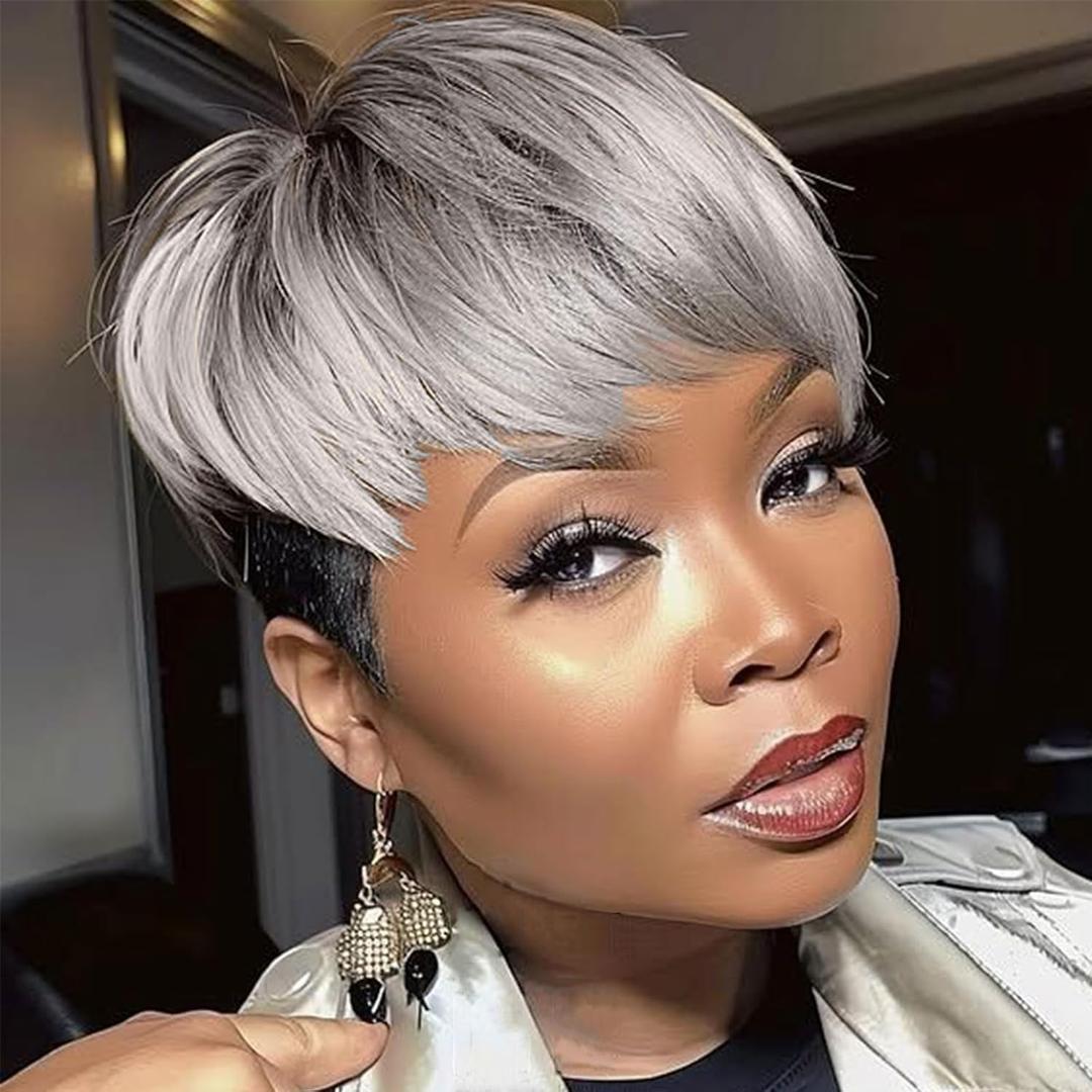 MOONSHOW Pixie Cut Wig Short Grey Wigs for Black Women Ombre Grey Short Wigs Pixie Cut Wigs with Bangs Synthetic Gray Pixie Haircut Wig for Black Women