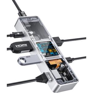 DOCKCASE Explorer Edition Visual Smart USB C Hub (6-in-1) with HDMI Port 4K@60Hz,Gigabit Ethernet,USB-C and 2 USB-A 5Gbps Data Ports, 100w PD Power Delivery, for MacBook Air/Pro, XPS, and More (Silver)