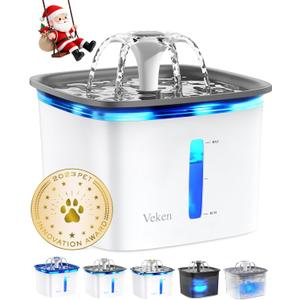 Veken Innovation Award Winner 95oz/2.8L Pet Fountain, Automatic Cat Water Fountain Dog Water Dispenser with Replacement Filters, Gifts for Christmas, Cats, Dogs, Multiple Pets (Grey, Plastic)
