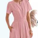 BTFBM Womens Summer 2026 Casual Midi Maxi Dresses Lightweight Short Sleeve V Neck Elastic Waist Boho Beach Dress Pockets (Pink). M Size