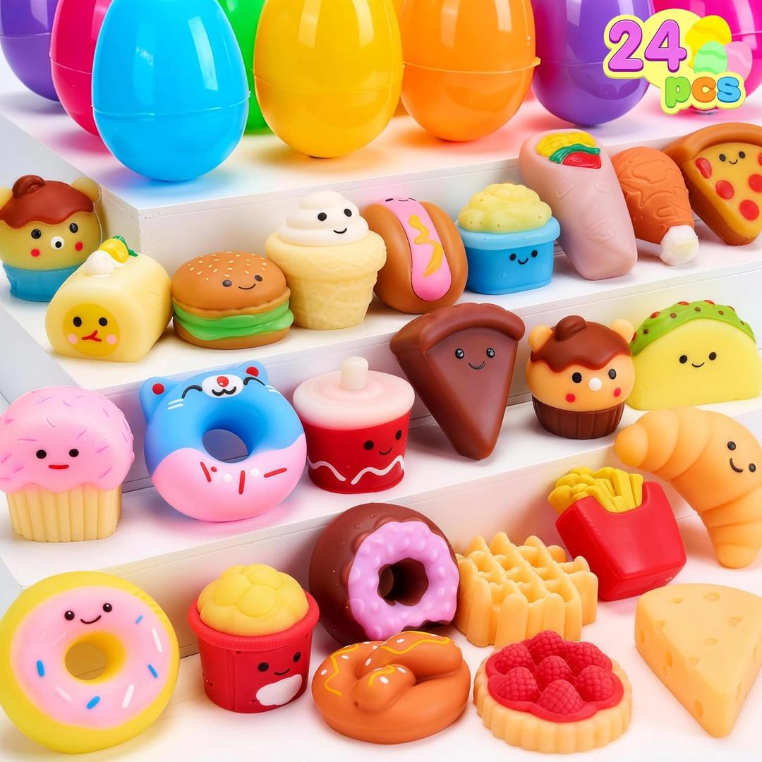 JOYIN 24 Pcs Easter Prefilled Eggs with Fast Food & Dessert Mochi Squishy Toy, Stress Reliever Squishy Toy for Easter Theme Egg Hunt, Kids Party Favor, Basket Stuffers Filler, Classroom Prize Supplies