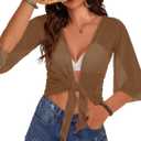 Women's Short Cardigan Bolero Shrug Sheer Tie Front Top 3/4 Sleeve Jacket for Dress 2026 (Large, Khaki)