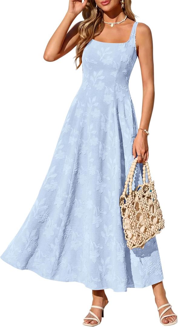 PRETTYGARDEN Womens Summer Maxi Dresses 2026 Casual Sleeveless Square Neck Jacquard Flowy Wedding Guest Beach Boho Long Dress (Light Blue,S)
