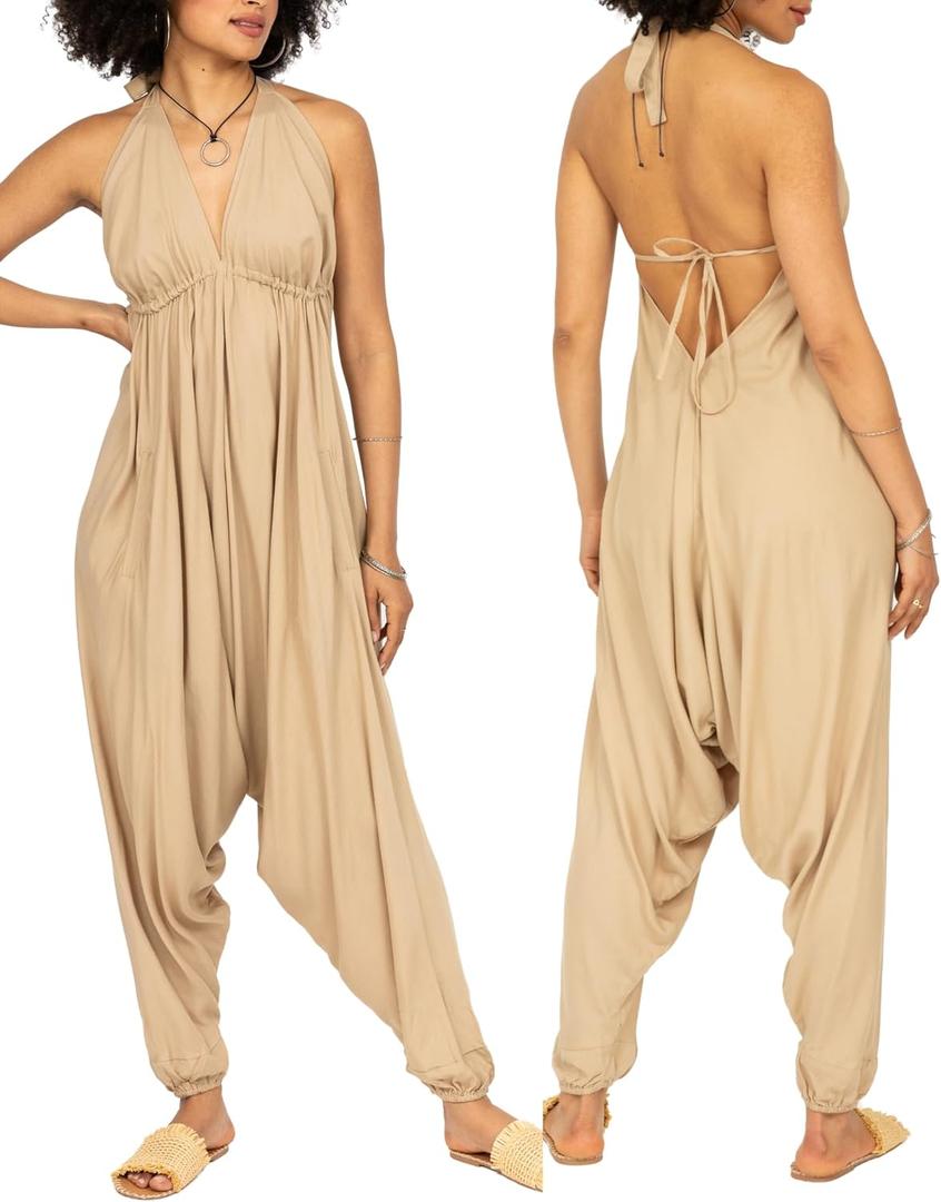 Likemary Halter Top Harem Jumpsuits for Women - Comfy One Piece Romper with Pockets - Sexy Boho Vacation Outfit for Summer (Beige) One Size