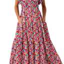 BLENCOT Womens Cotton Floral Maxi Dresses Casual Flowy Boho Dresses Summer Ruffle Short Sleeve V Neck Dress with Pockets (L)